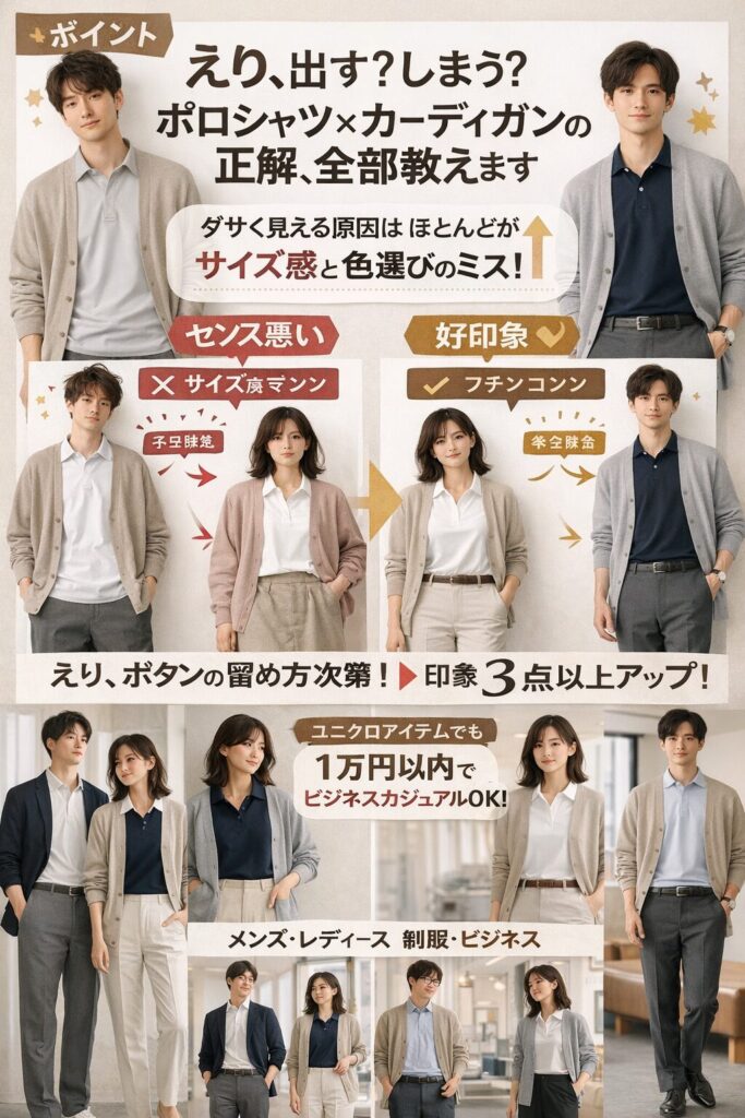 ポロシャツ×カーディガンのスタイル提案