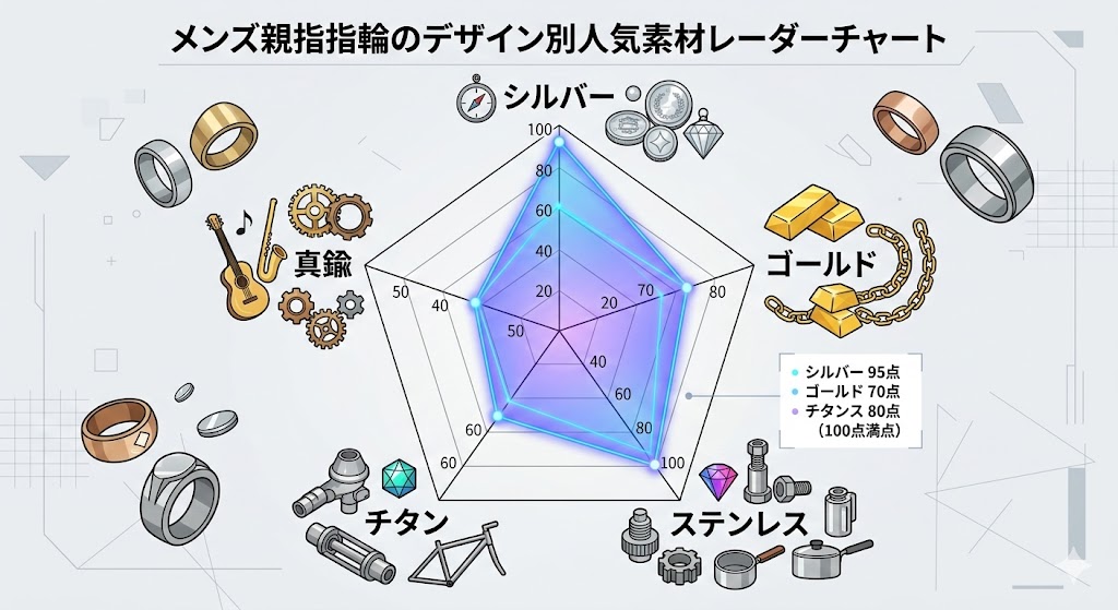 メンズ親指指輪のデザイン別人気素材レーダーチャート