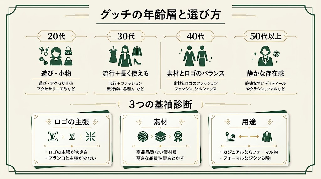 「グッチの年齢層と選び方」を説明する日本語インフォグラフィック