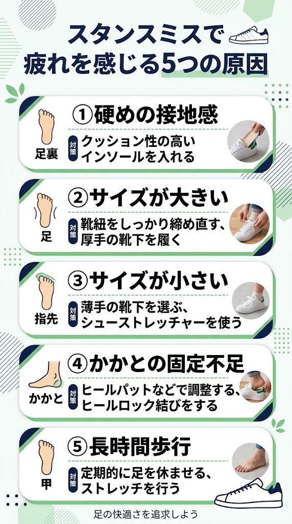 「スタンスミスで疲れを感じる5つの原因」をまとめた縦型インフォグラフィック