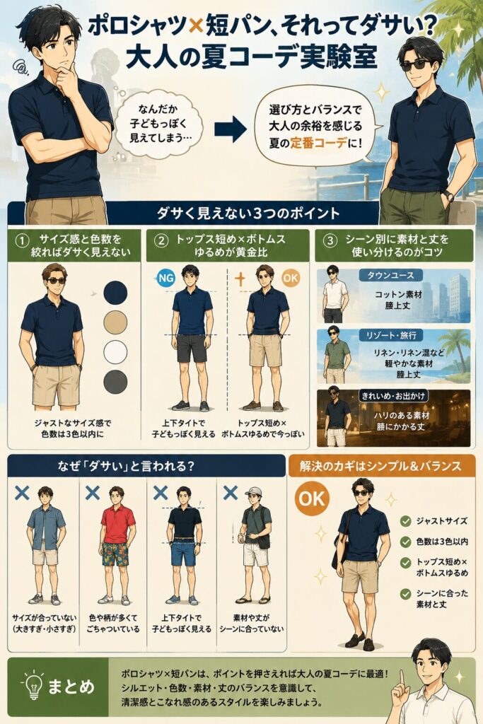 ポロシャツ×短パンの大人コーデ術