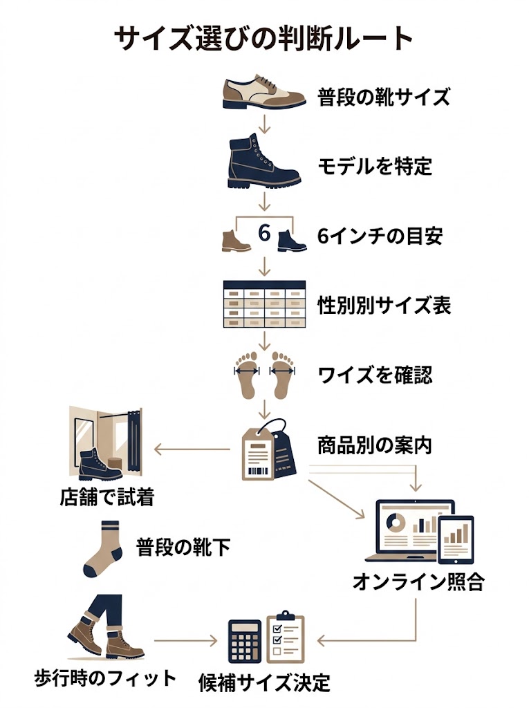 最初に普段履く靴を表すアイコン、次にブーツのシルエット、サイズ表、足幅のアイコン、商品タグのアイコン