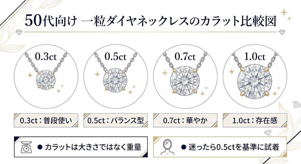 50代向け一粒ダイヤネックレスのカラット比較図