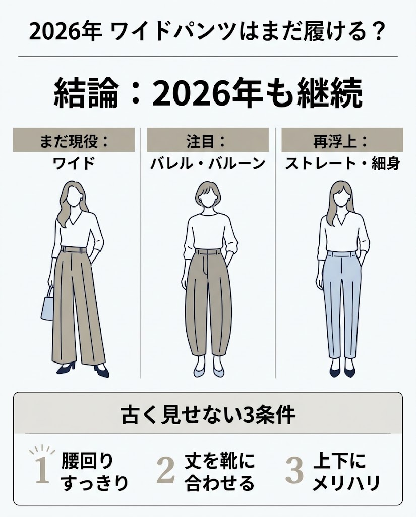 「2026年 ワイドパンツはまだ履ける？」をテーマにした日本語インフォグラフィック