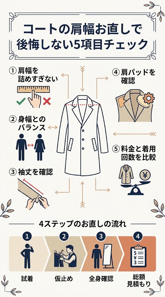「コートの肩幅お直しで後悔しない5項目チェック」の日本語インフォグラフィック