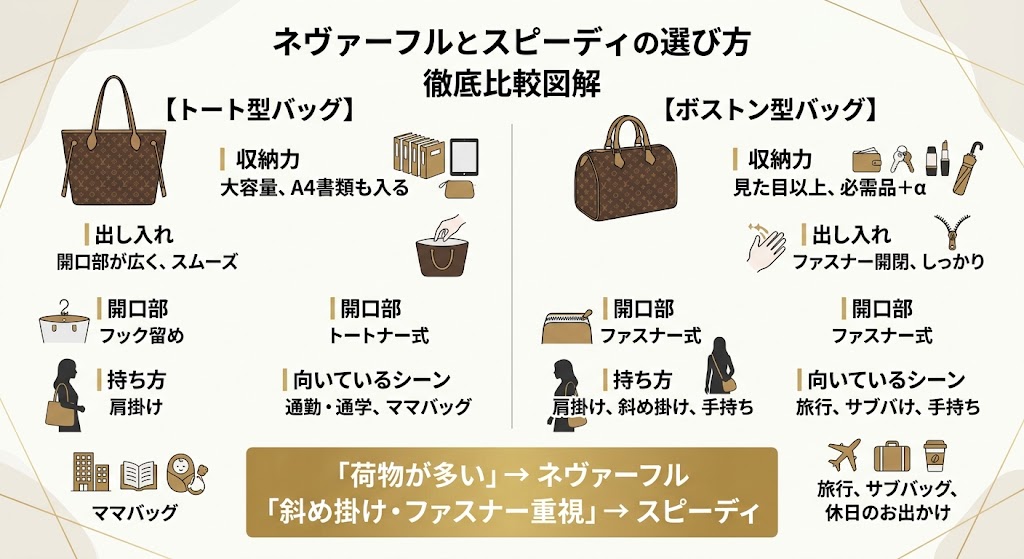「ネヴァーフルとスピーディの選び方」を1枚で理解できる比較図解