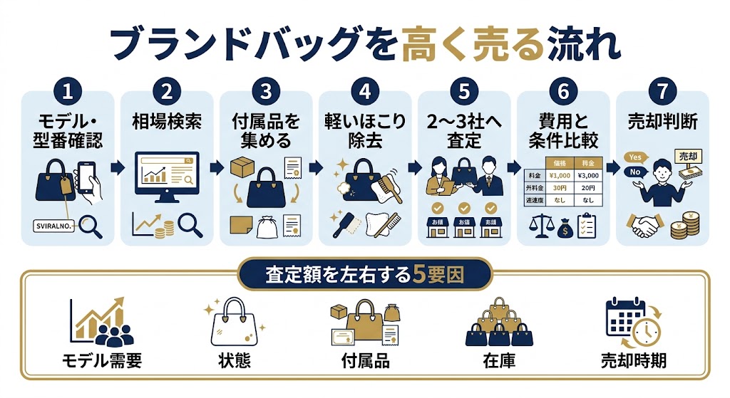 「ブランドバッグを高く売る流れ」を説明する日本語インフォグラフィック