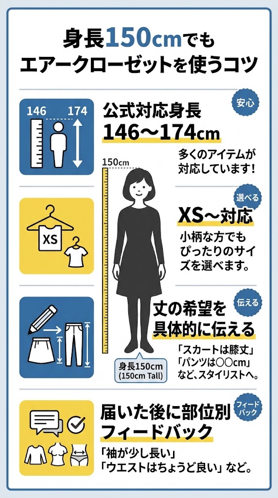 「身長150cmでもエアークローゼットを使うコツ」をテーマにした縦長インフォグラフィック