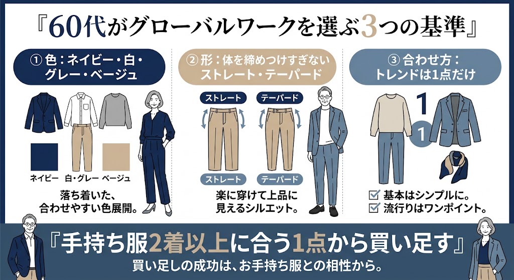 『60代がグローバルワークを選ぶ3つの基準』という内容の日本語インフォグラフィック