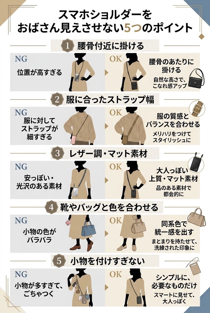 『スマホショルダーをおばさん見えさせない5つのポイント』をまとめた日本語インフォグラフィック
