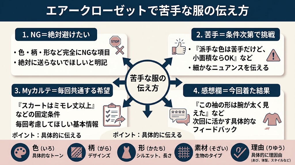 エアークローゼットで苦手な服を伝える方法を説明する日本語インフォグラフィック
