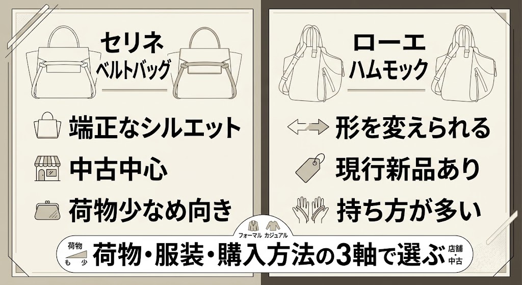 セリーヌ ベルトバッグ系とロエベ ハンモック系の特徴を比較する日本語インフォグラフィック