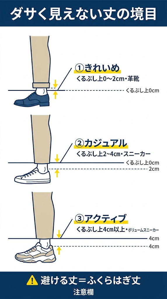 上に「ダサく見えない丈の境目」の見出し、中央に脚のシルエットイラストを3体並べ、それぞれの丈位置を横線と数値で示す