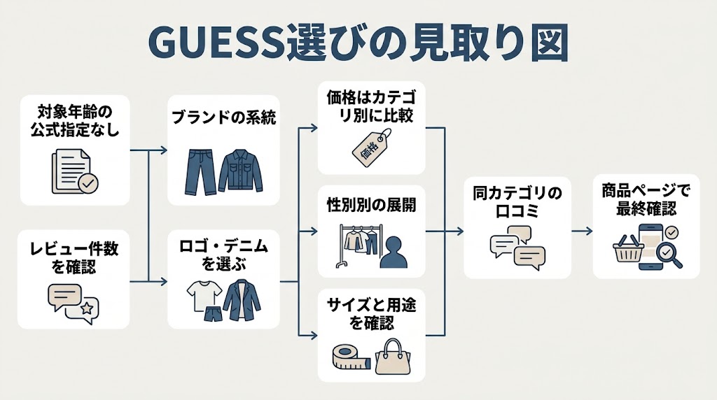 GUESSの対象年齢の確認から商品選びまでを俯瞰する、左から右へ進む横長の判断フロー図
