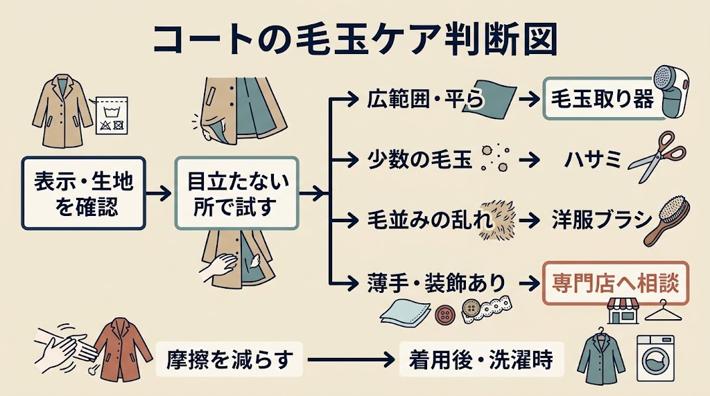 コートの毛玉ケアを判断して実行する流れを、横長のフローチャートとして整理