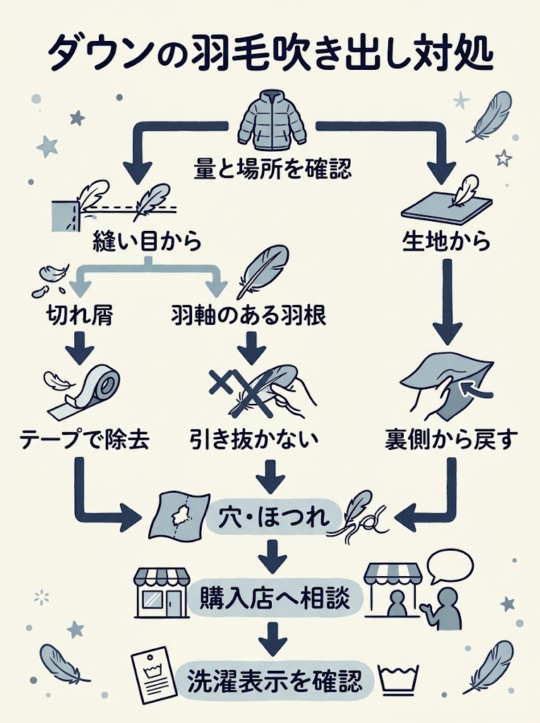 ダウンの羽毛が出たときの確認と対処を俯瞰できる縦長の判断フローチャート