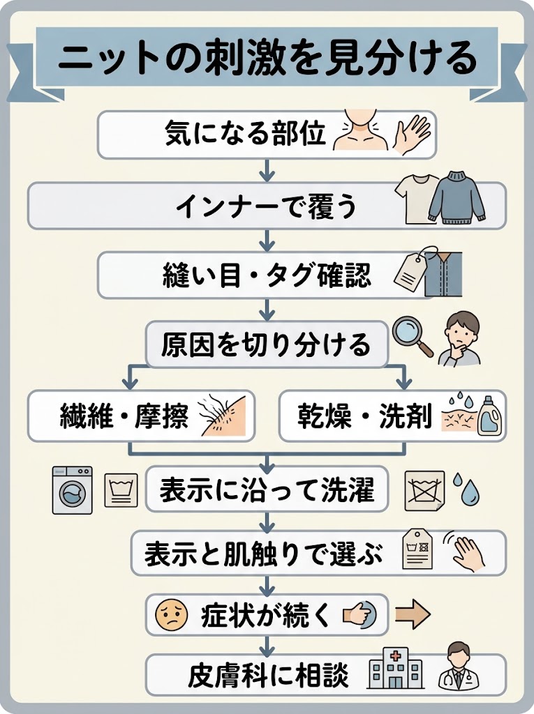 ニットの刺激への対処を、最初の確認から相談の目安まで俯瞰できる縦長の判断フローチャート