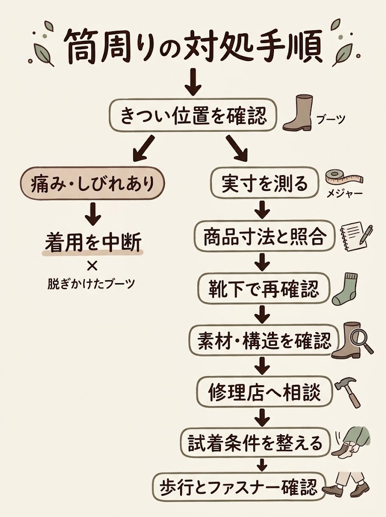 ブーツの筒周りがきついときの判断と対処を俯瞰できる、縦長のフローチャート形式の図解