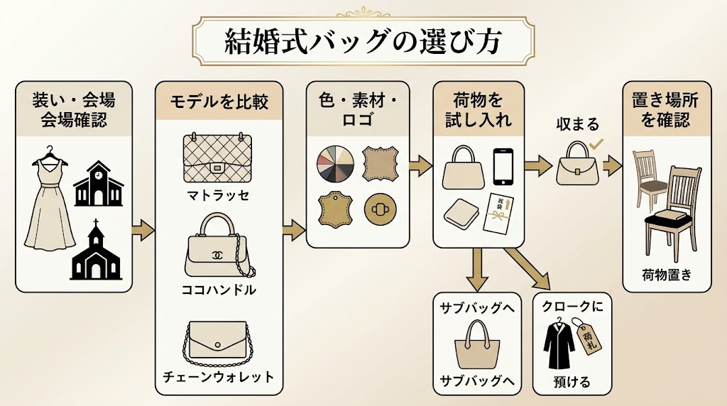 結婚式用バッグを選ぶ判断の流れを俯瞰できる、横長のインフォグラフィック