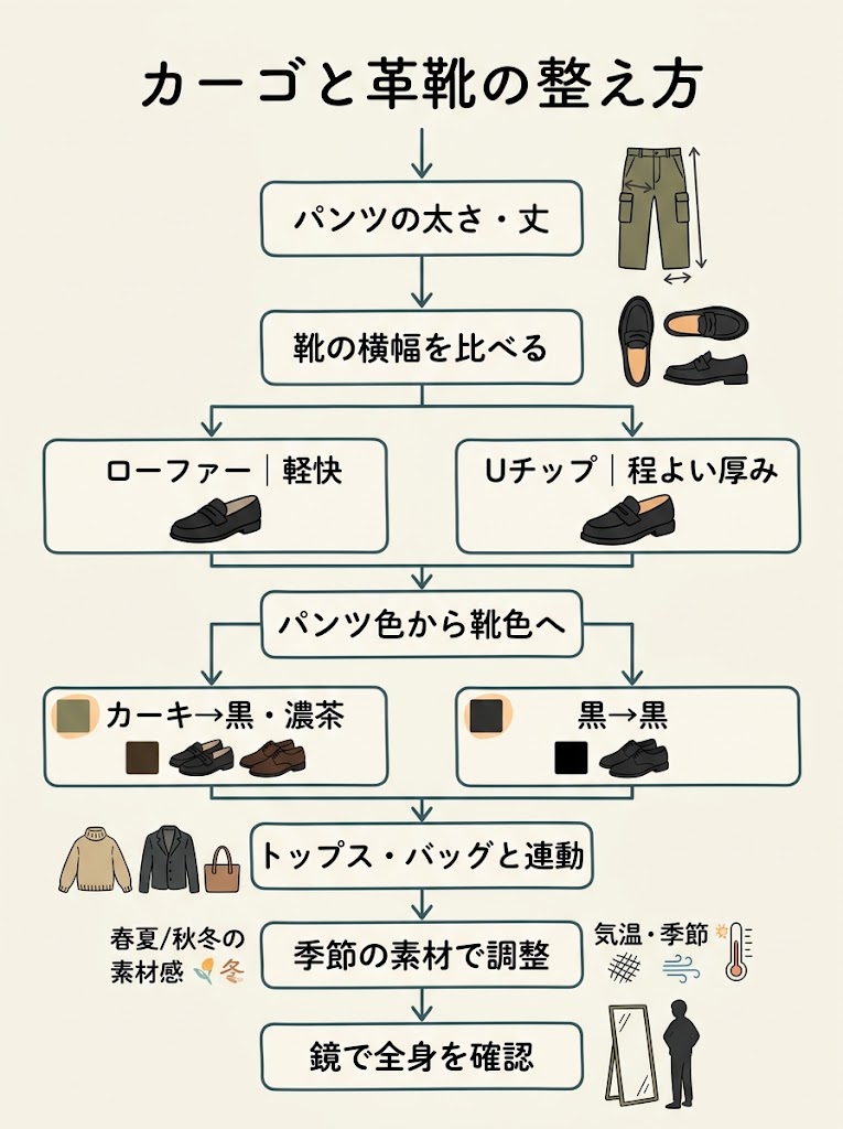 記事全体を俯瞰する、縦長のファッションコーディネート図解